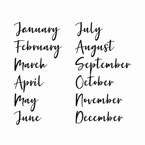 Months of year handmade names handwritten font Vector Image Hand Lettering Months Of The Year, Months Written In Different Fonts, Month Fonts Hand Lettering, Calligraphy Months Of The Year, Lettering Months Of The Year, Fonts Months, Month Fonts, Months Calligraphy, Calligraphy Months