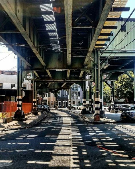 Looking under the tracks of the M line at the intersection of Palmetto Street and Onderdonk Avenue in Ridgewood, Queens. Ridgewood Queens, New York Subway, Orange Line, Line At, New Media, York City, New York City, New York, Media