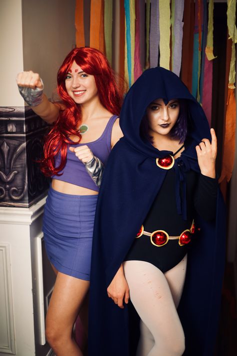 Star Fire Raven Costume, Raven And Starfire Costume Couple, Duo Halloween Costumes Raven And Starfire, Red Head Brunette Duo Costumes, Raven And Starfire Halloween Costumes Kids, Raven Star Fire Costumes, Hot Cartoon Character Costume, Woman's Costume Ideas, Raven And Starfire Cosplay