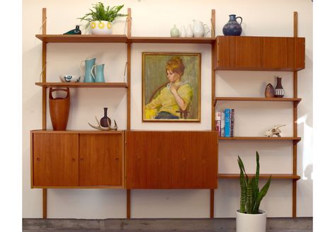 Danish Teak Wall Unit by Preben Sørensen - SOLD — Vintage Modern Maine Shallow Cabinets, Mid Century Modern Shelves, Mid Century Wall Unit, Teak Wall Unit, Modern Wall Units, Wall Shelf Unit, Modern Room Divider, Wall Shelving Units, Modern Wall Shelf