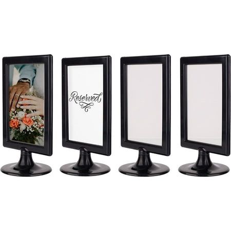 EACH DOUBLE SIDED FRAME DISPLAY SET INCLUDES 4 Double Sided Picture Frames in Black Overall Dimensions: 4.75 (W) x 8.45 (H) inches (Fits 4x6 Photos or Place Cards) REVERSIBLE Each flip frame or pedestal picture frame allows you to display a double-sided picture or a picture on each side on its on stand. IDEAL FOR BUSINESS ESTABLISHMENTS Our tabletop frame set will stylishly showcase your menus, offers, sales promotions, specials of the day, advertisements, table reservations and anything you wan Standing Picture Frames, Ikea Picture Frame, Plastic Picture Frames, Picture Table, 4x6 Frames, 4x6 Picture Frames, Picture Frame Shop, Picture Frame Sets, Frame Stand