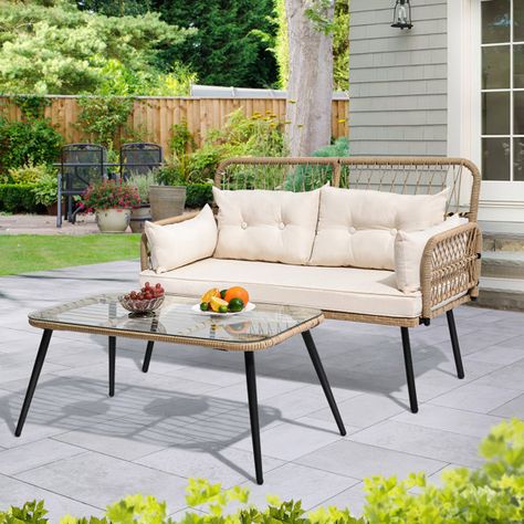 Bay Isle Home Deakins 2 - Person Outdoor Seating Group with Cushions | Wayfair Patio Furniture Wicker, Backyard Balcony, Patio Loveseat, Outdoor Loveseat, Balcony Furniture, Glass Side Tables, Wicker Patio Furniture, Backyard Deck, Garden Patio Furniture