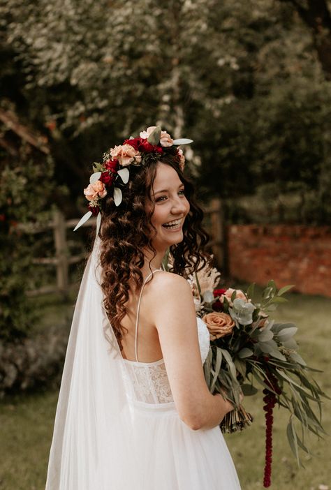 Beautiful Bride in Blush and Red Flower Crown Bride Flower Crown Veil, Veil With Flower Crown, Flower Crown And Veil, Wedding Dress Flower Crown, Diy Flower Crown Wedding, Arch Wedding Ceremony, Flower Arch Wedding, Solstice Wedding, Flower Crown Veil