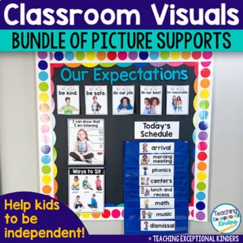 Classroom Visuals Supports with Picture Schedules & Expectation Posters Bundle Classroom Visuals, Voice Level Charts, Picture Schedule, Classroom Rules Poster, Classroom Expectations, Be Independent, Transition Words, Classroom Management Tool, Schedule Cards