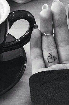 Coffee Cup Tattoo, Tiny Finger Tattoos, Tattoo Tiny, Cup Tattoo, Small Finger Tattoos, Finger Tats, Coffee Tattoos, Disney Tattoo, Finger Tattoo