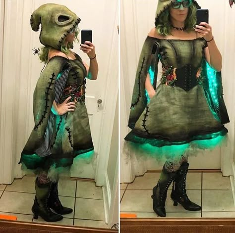 Boogie Oogie Costume, Oogie Boogie Dress Costume, Oogie Boogie Diy Costume, Oogie Boogie Outfit Ideas, Oogey Boogey Costume, Easy Oogie Boogie Costume, Oggie Boogie Bash Costume Ideas, Oggie Boogie Costume, Oogie Boogie Inspired Outfit