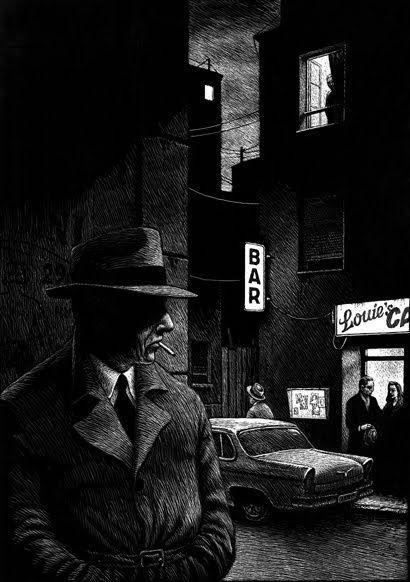 Film Noir Photography, Noir Detective, Detective Aesthetic, Scratchboard Art, Pulp Art, Neo Noir, Art And Illustration, Dieselpunk, Black And White Photography