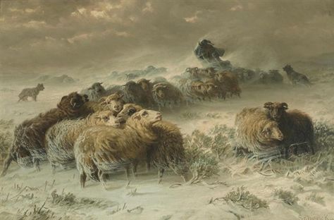 Artwork by August Friedrich Albrecht Schenck, A shepherd with his flock in a snowstorm, Made of oil on canvas August Friedrich, Sacrificial Lamb, The Orphan, Edmund Dulac, Walter Crane, Antique Artwork, Deep Art, Historical Painting, Animals Artwork