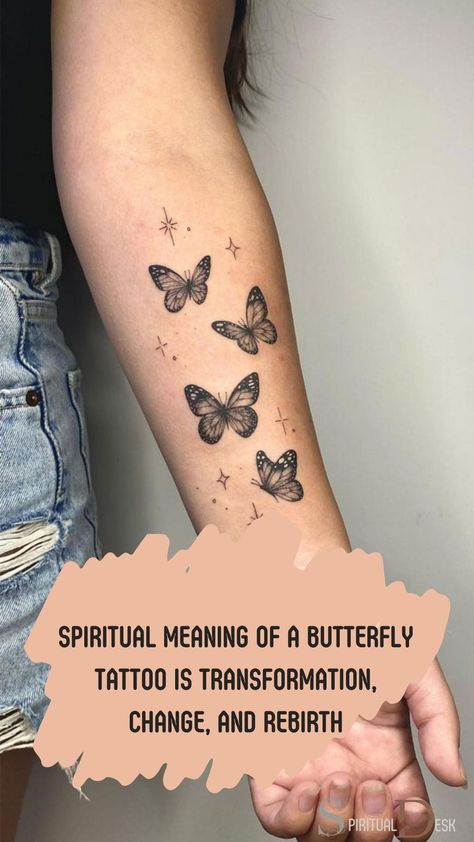 The spiritual meaning of a butterfly tattoo is transformation, change, and rebirth. It symbolizes a personal journey towards a new phase of life, embodying the idea of freedom, beauty, and spiritual growth. #beautygram #growth #beautyjunkie #freedom #life #journey #rebirth Spiritual Butterfly Tattoo, Butterfly Growth Tattoo, Transformation Tattoo Ideas, Meaning Of A Butterfly, Personal Growth Tattoo, Tattoo That Represents Growth, Rebirth Tattoo, A Butterfly Tattoo, New Phase Of Life