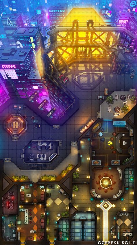 This is the highest view of the city skyline that you've ever seen! How would your party get down from here? 🪂 Cyberpunk Dnd Map, Cyberpunk Red Map, Sci Fi Battlemap, Cyberpunk City Map, Starfinder Maps, Cyberpunk Map, Space Dnd, Cyberpunk Cities, Roll20 Maps