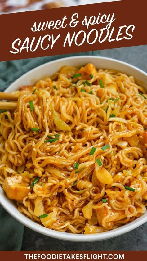 Easy Sweet, Spicy, and Saucy Noodles (Vegan) – The Foodie Takes Flight Hoisin Tofu, Saucy Noodles, Ramon Noodles, Chipotle Pasta, Spicy Ramen Noodles, Ramen Recipes Easy, Asian Noodle Recipes, Noodle Recipes Easy, Spicy Ramen