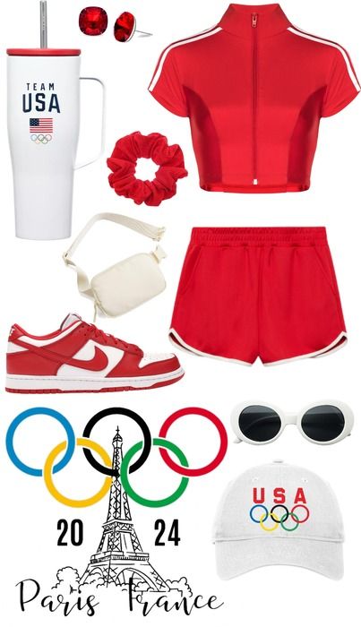 2024 Olympics Outfit | ShopLook Olympics Outfits, 1970s Outfits, Red Scrunchie, 2024 Summer Olympics, Olympic Swimming, Olympic Village, 2024 Olympics, Red Earrings Stud, Olympic Rings