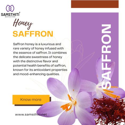 Saffron honey is a rare and exquisite variety of honey made by bees that collect nectar from saffron flowers. It has a rich golden color, distinct floral aroma, and potential health benefits due to its antioxidant properties and unique flavor profile. Saffron Honey, Saffron Flowers, Saffron Benefits, Infused Honey, Saffron Flower, Improve Brain Function, Super Foods, Brain Function, Flavor Profiles