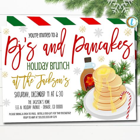 PJs and Pancakes Christmas Party Invitation Editable Template.  Use this Holiday party invite for your fun pancakes and pajamas breakfast or brunch event!  All text is editable so you can make it read what you wish. TEMPLATE FORMATTED SIZES: 5" x 7" (Invite) Front + Back IMPORTANT: This is a DIY self-editing digital, printable product - I do not edit this file for you.  However, I do offer editing services at an extra charge, please reach out if you are interested. THIS IS A DIGITAL PRODUCT. NO Christmas Brunch Invite, Christmas Brunch Invitations, Pjs And Pancakes, Holiday Brunch Invitations, Brunch Diy, Pajamas Birthday Party, Santa Breakfast, Fun Pancakes, Pajama Birthday Parties