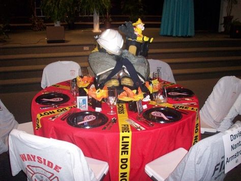 Fire Fighter Graduation Party Ideas, Fire Chief Retirement Party Ideas, Fire Centerpieces, Firefighter Retirement Party Ideas, Firefighter Banquet, Festival Of Tables, Firefighter Cookie, Fireman Wedding, Fire Party