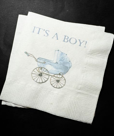 These beautiful cocktail napkins are perfect for that Baby Carriage, It's a Boy Baby Shower, Watercolor Crest or Blue Bow themed Baby Shower you are planning! These 3 ply cocktail napkins come in sets of 25, are approximately 5x5, and are printed with design and wording as shown. They are also available in luncheon or dinner size, which you can purchase by choosing this option in checkout, along with the quantity of sets you need. Please note these napkins come as shown, and there are no customi Grand Millennial Baby Shower Boy, Classy Boy Baby Shower Ideas, Classy Baby Boy Shower Ideas, Old Money Baby Shower Theme, Classic Baby Boy Shower Ideas, Vintage Boy Baby Shower Ideas, Blue Jean Baby Shower Theme, Boy Baby Shower Themes Winter, Simple Baby Boy Shower Ideas