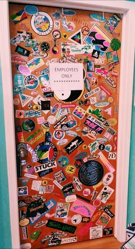 Painted Bedroom Doors, Many Stickers, Hippie Room Decor, Hippy Room, Dekorasi Kamar Tidur, Aesthetic Rooms, Bedroom Doors, Room Decor Bedroom Teenage, Cute Room Decor