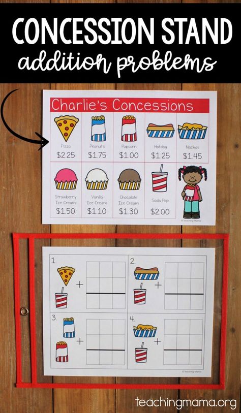 addition problems with a concession stand theme Concession Stand Printables Free, Concession Stand Checklist, Diy Concession Stand Sign, Concession Stand Sign, Teaching Coins First Grade, Adding Money, Special Needs Teacher, Financial Literacy Lessons, Teaching Math Elementary