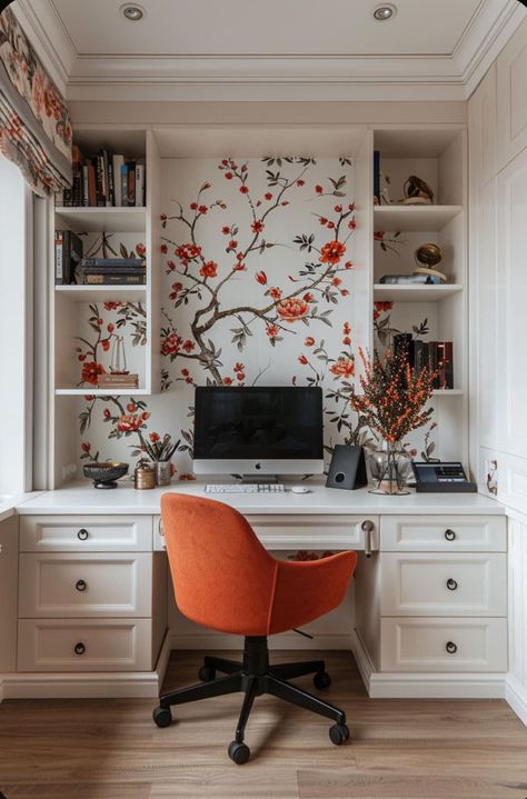 Wallpapered Home Office, Narrow Home Office Ideas, Small Home Office Designs, Creative Office Ideas, Home Library Office Ideas, Office At Home Ideas, Small Study Room Ideas, Home Workspace Ideas, Small Office Ideas Home