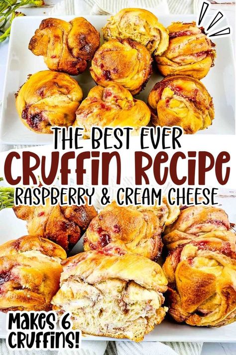 two photo collage of raspberry cream cheese cruffins with text overlay. Muffin Tin Desserts, Cruffin Recipe, Crescent Roll Breakfast Recipes, Preschool Cooking, Homemade Croissants, Best Breakfast Casserole, Breakfast Crescent Rolls, Crescent Roll Recipes, Peach Cobbler Recipe