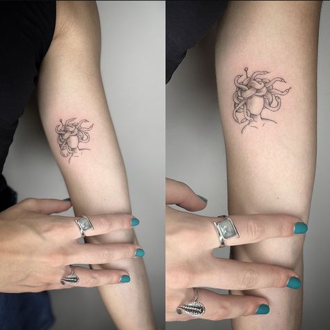 #smalltattoos #medusa #mythology #feminine #fineline Medusa Tattoo Small Hidden, Medusa Symbol Tattoo Small, Medusa Tattoo Behind Ear, Medusa Related Tattoos, Cute Medusa Tattoo Small, Medusa Line Work Tattoo, Matching Medusa Tattoos, Small Tattoos Medusa, Simple Medusa Tattoo Design