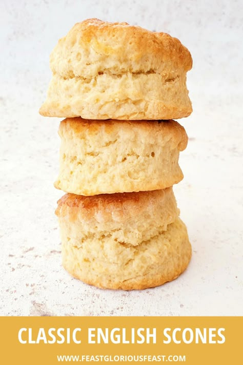 The Best Scones Ever is a big claim but I'm ok with it. After years of experimenting, I have finally found the perfect recipe for light and fluffy plain scones that rise perfectly and taste delish - no dry or crumbly scones here! What's more, this is a classic scone recipe with no dried fruit and no faffing.#feast #classicbritish #britishfood #afternoontea #hightea #plainscones #englishfood #jamfirst #plainscones #teatime #FeastGloriousFeast No Egg Scones Recipe, Egg Free Scones Recipe, Eggless Scones Recipe Easy, Soft Scones Recipe Easy, Eggless Scones Recipes, Plain Scones Recipe, English Scones Recipe, Tea Scones Recipe, Irish Scones Recipe