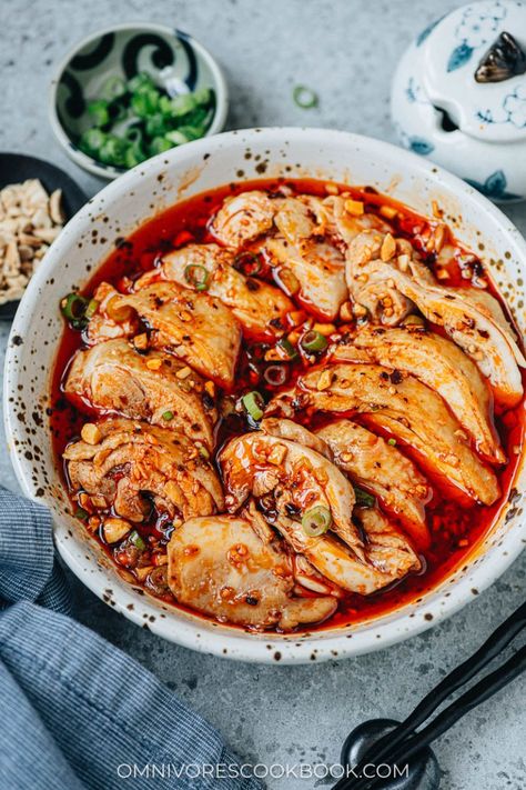 Experience the authentic flavors of Sichuan cuisine with this mouth-watering recipe for saliva chicken. The dish features tender juicy chicken smothered in a rich and spicy sauce that is bursting with umami, just like the one served in China. Saliva Chicken, Sichuan Chicken, Chicken Smothered, Red Oil, Spicy Sauce, Juicy Chicken, Turkey Recipes, Mouth Watering, Chicken Recipes