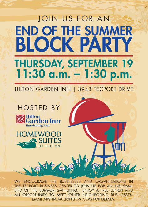 Block Party Invitation for Homewood Suites and Hilton Garden Inn Neighborhood Party Invitations, Hoa Ideas, Block Party Flyer, Cabana Party, Potluck Invitation, Block Party Invitations, Halloween Invites, Summer Block Party, Neighborhood Block Party