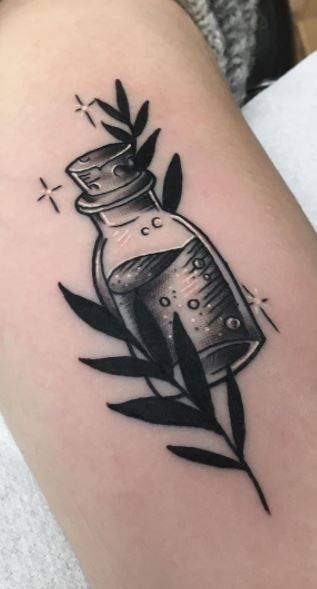 Traditional Tattoo Message In A Bottle, Witch Potion Tattoo, Potion Bottle Tattoo Traditional, Potion Tattoo Traditional, Potion Vial Tattoo, Poison Vile Tattoo, Spell Bottle Tattoo, Potion Tattoo Design, Ink Bottle Tattoo