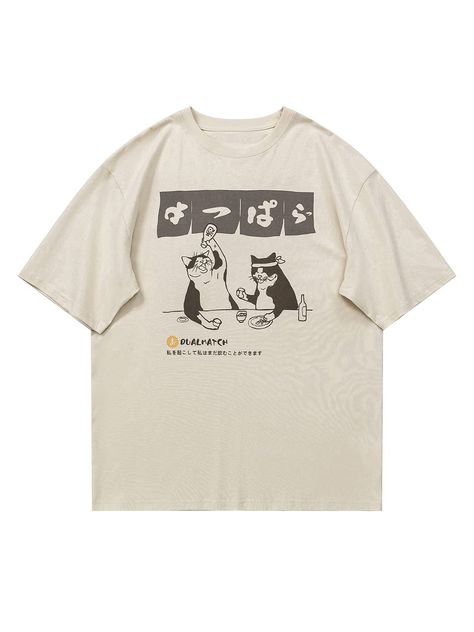 Japanese Funny, Summer Graphic Tee, Japanese Cat, Cat Drinking, Harajuku Streetwear, Cat Graphic, Fashion App, Cat T, Style Streetwear