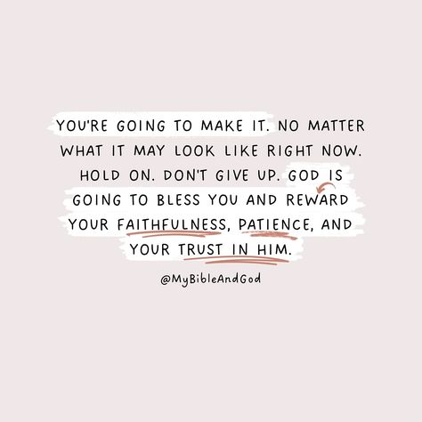 Life can be difficult, and things don’t always go according to plan. Hold on. Don’t give up. God is with you, and if you hold onto your faith and persevere, you will be blessed. God promises to bless those who are faithful and patient. 👉 Romans 5:3-4 “We rejoice in our sufferings because we know that suffering produces perseverance; perseverance, character; and character, hope.” 👉 James 1:2-4 “Consider it all joy, my brethren, when you encounter various trials, knowing that the testing of y... James 1:2, God Is Always With You, James 1:2-4, Don’t Give Up, Holding On Quotes, Gods Promises Quotes, Olivia Lauren, Romans 5 3 4, Don't Give Up Quotes