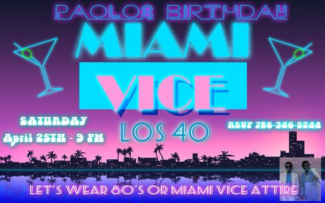 Miami Vice party invitation Miami Vice Party Favors, Miami Vice Party Theme, Miami Vice Casino Night, Miami Vice Photo Booth, Miami Vice Invitations, Miami Vice Design Inspiration, Miami Vice Party, Miami Vice Theme, Miami Party