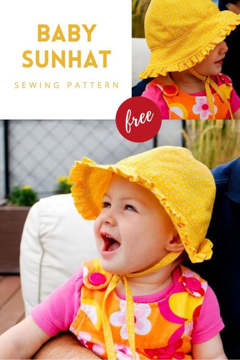 Baby Sunhat FREE sewing pattern (6-12 months). Isn't this a pretty Baby Sunhat with ruffles and ties? The designer gives you the option to make this Baby Sunhat with or without the ruffle. Little ones can look super-adorable in hats. This pattern will add some summer fun to your little one's summer fashion options. SewModernKids Free Kids Sewing Patterns, Free Sewing Patterns For Kids, Sunhat Pattern, Accessories Sewing Patterns, Sewing Patterns For Babies, Toys To Sew, Baby Bonnet Pattern, Patterns Skirt, Kids Sewing Patterns