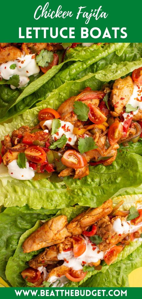 Chicken fajita lettuce boats, so tasty, filling and low calorie alternative to the classics wraps. Makes a delicious light lunch or dinner. Give it a go! Fajita Salad Bowl, Chicken Lettuce Boats, Lettuce Boat Recipes, Healthy Fajitas, Chicken Fajita Salad, Lettuce Boats, Lettuce Boat, Fajita Salad, Chicken Salad Wrap