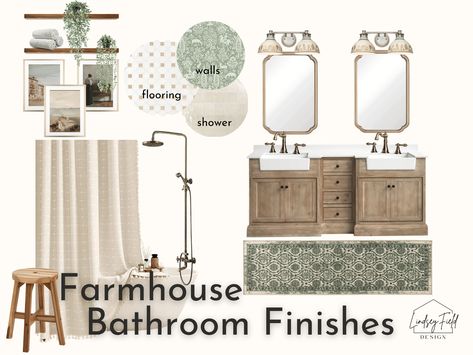 "This Vintage Farmhouse Bathroom Mood Board is the perfect tool for any homeowner looking to create a bathroom that's uniquely their own. This premade mood board featuring vintage farmhouse bathroom finishes will help you envision your dream master bath, guest bath, or powder room, without the hassle and headache  of making design decisions on your own - and without the hefty price tag of hiring a traditional interior designer. I've done the work for you and have selected the hardware, faucets, flooring, vanity, décor and paint colors for your dream bathroom design. All you have to do is click the links in the PDF and shop for the products you want, and then have your builder/handyman install them. This e-design is a professionally-selected package of affordable fixtures and finishes that Farmhouse Aesthetic Bathroom, Farmhouse Mood Board Inspiration, Farmhouse Bathroom Mood Board, Organic Modern Decor Bathroom, Bathroom Mood Board Inspiration, Sage Green Bathroom Decor, Dream Master Bath, Modern Farmhouse Master Bath, Sage Bathroom