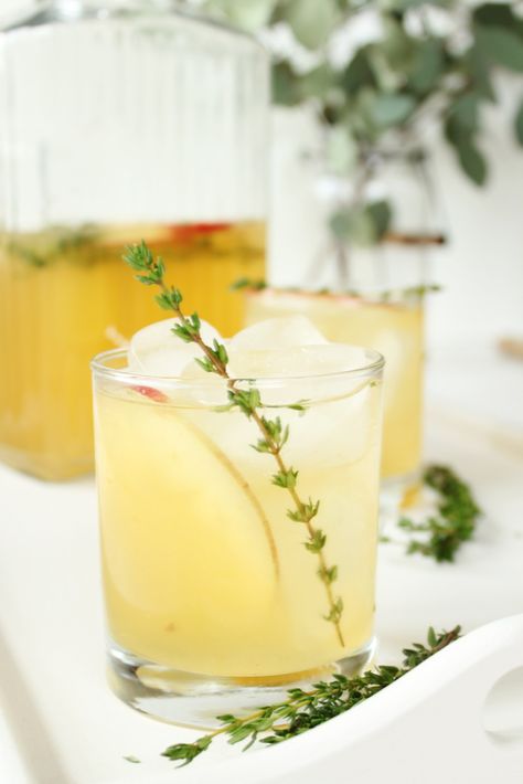 Sparkling Cider + Thyme Mocktails | Easy Entertaining Food, Homemade Punch, Mocktail Bar, No Longer Friends, Entertaining Appetizers, Butterbeer Recipe, Dairy Free Coffee, Holiday Punch, Sparkling Cider