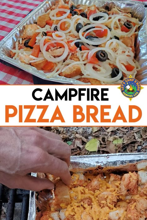 Camping Pizza, Camping Recipes Dinner, Campfire Pizza, Easy Camping Recipes, Easy Grill, Pull Apart Pizza, Camping Food Make Ahead, Pizza Bread Recipe, Camping Meal Planning