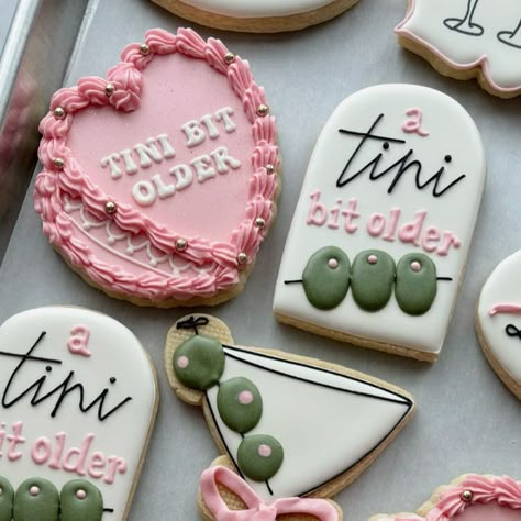 Tori | Cookie Artist 🍪 on Instagram: "Just a tini bit older 🍸🎀 …. Again!   Loving this theme so much I could make these over and over again 💕  #customcookies #birthdaycookies #tinibitolder #martinicookies #decoratedcookies #cookieart #njcookies #sugarcookiesofinstagram #decoratedsugarcookies  #thecookierclub" Funny Birthday Cookies Decorated, A Tiny Bit Older Cookies, Mini Decorated Cookies, Adoption Cookies, Bra Cookies, Tini Bit Older Bday Theme, Tini Bit Older Decor, Congratulations Cookies, Martini Party