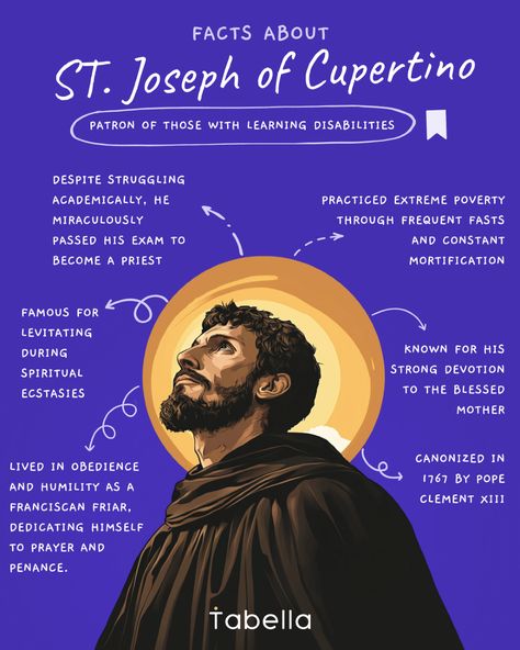 ✨ Did you know that St. Joseph of Cupertino is the patron saint of students and those facing exams? 🙏✏️  💬 Save this post to remember his example of faith during tough times, and share it with someone preparing for exams or needing a little extra spiritual support. 📚  🕊️ St. Joseph of Cupertino, pray for us. 🙌  #SaintJosephOfCupertino Joseph Cupertino, Prayer For Exam Success, St Joseph Of Cupertino, Exam Prayer, Preparing For Exams, Franciscan Friar, Exam Success, Pray For Us, Learning Disabilities