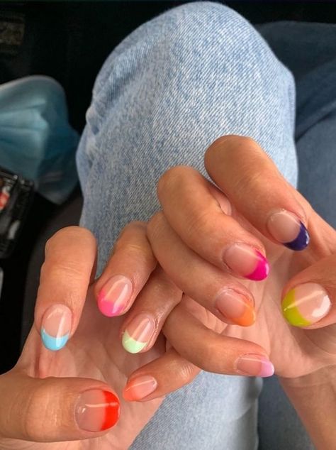 Eras Tour Nail Ideas French Tip, Spring Break Gel Nails, Multi Colored French Tip Nails Short, Spring Break Nails French Tip, Eras Tour French Tip Nails, Taylor Swift French Tip Nails, Colorful French Tips Nails, Multicolored French Tips, Short Colorful French Nails