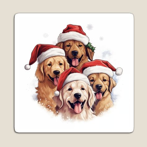 Get my art printed on awesome products. Support me at Redbubble #RBandME: https://www.redbubble.com/i/magnet/Canine-Christmas-Happy-Dogs-with-their-Festive-Hats-by-Bouchey/154743126.TBCTK?asc=u Art White Background, Golden Retriever Art, Merry Christmas Dog, Pet Holiday, Dog Wear, Christmas Happy, Dog Christmas, Holiday Art, Christmas Hat