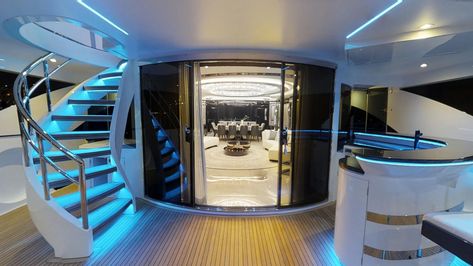 Hull 7. Dinner On A Yacht, Bel Air House, Yacht Aesthetic, Indoor Pool House, Modern Glam Living Room, Luxury Yacht Interior, Mansion Tour, Deck Dining, On A Yacht