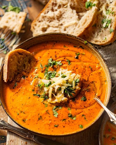 Tomato Gouda Bisque, Red Pepper Tomato Bisque, Roasted Pepper Gouda Soup, Roasted Red Pepper And Gouda Soup Recipe, Gouda Cheese Soup Recipes, Roasted Red Pepper Gouda Bisque, Tomato Gorgonzola Soup, Red Pepper Gouda Bisque, Tomato Gouda Soup