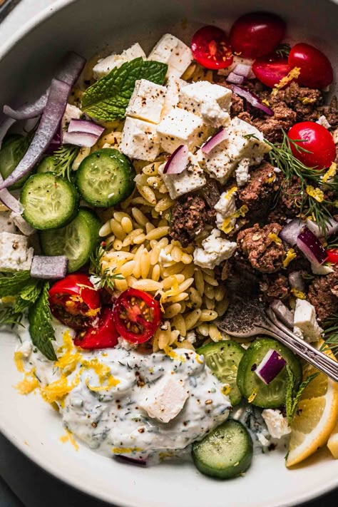 Lamb Tzatziki, Orzo Bowls, Lamb Bowl, Gyro Sandwich, Ground Lamb Recipes, Greek Lamb, Lamb Gyros, Hummus Bowl, Goat Recipes