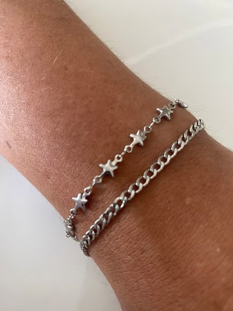 Cool Bracelets For Men, Chain Bracelets For Men, Silver Jewelry Women, Cool Silver Bracelets, Star Jewelry Silver, Silver Braclate, Cute Bracelets Silver, Aesthetic Silver Bracelet, Silver Chain Bracelet Women