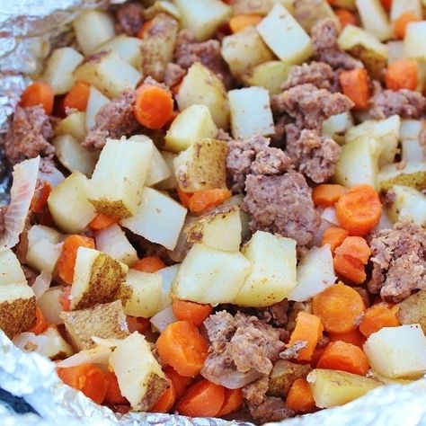 Tin Foil Dinners (Hobo Dinners) | High Heels and Grills Hobo Meals, Tin Foil Meals, Tin Foil Dinners, Hobo Dinners, Hamburger And Potatoes, Foil Packet Potatoes, Camping Dinner, Foil Pack Dinners, Foil Dinners