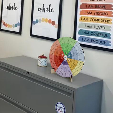 Amazon.com : Feelings Wheel Therapy Office Desk Decor Emotions Double Sided Mental Health Office Desk Decor with 2 Page Emotions Card for School Counselor, Counseling Therapist, Therapy Office Decor. : Office Products Small Therapy Office Decor Ideas, Mental Health Office Decor Ideas, School Social Work Office Decorations, School Health Office Decor, Counselor Office Decorating Ideas, High School Counselors Office, Wheel Emotions, Emotions List, Health Office Decor