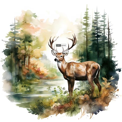 Deer Watercolor Painting, Deer Watercolor, Forest Landscape, Impressionist Art, Vector Clipart, Chiaroscuro, Landscape Walls, Landscape Wall Art, Painting Style