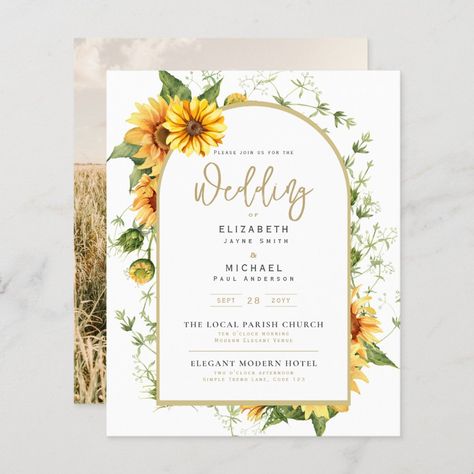 Beautiful yellow rustic Sunflowers, green leaves, gold frame and gold and black text themed PHOTO (on the back) wedding invitation or save the date (edit as desired). This rustic Sunflowers design is perfect for your modern wedding, whether it be spring or summer  This design is available on a range of paper/card types/sizes to suit all budgets from 0.35 each. 🎨 Design by LeahG®  weddingdesignchic.com and 100xgifts.com. 📌 PIN this to your Pinterest wedding moodboard. ⬇️ VIEW ALL THE PRODUCTS F Wedding Invitations Qr Code, Printed Wedding Invitations, Burlap Mason Jars, Low Budget Wedding, Sunflower Photo, Sunflower Wedding Invitations, Budget Wedding Invitations, Pinterest Wedding, Wedding Moodboard