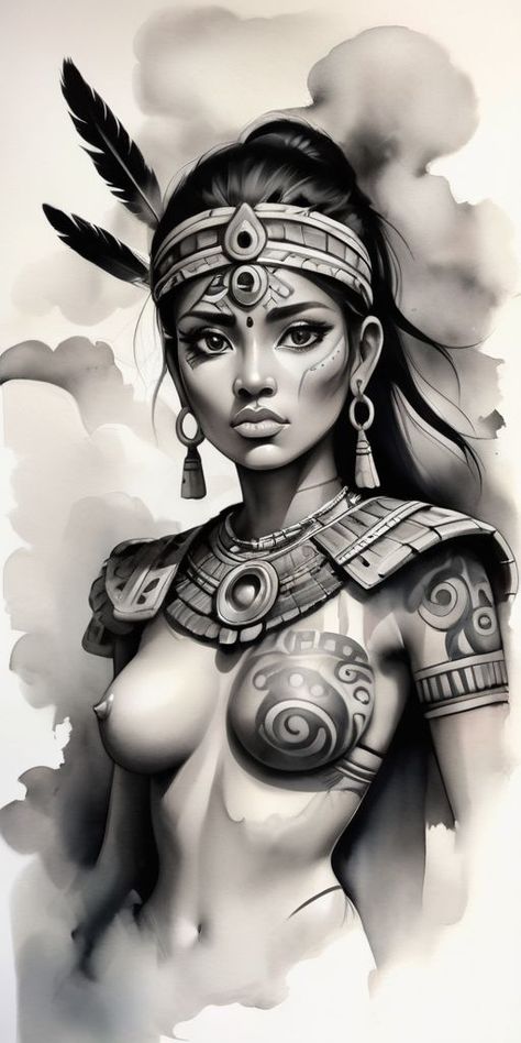 Woman Warrior Tattoo Design, Traditional Warrior Tattoo, Woman Warrior Tattoo, Inca Warrior, Warrior Tattoo Design, Indian Women Tattoo, Inca Art, Aztec Warrior Tattoo, Indian Tattoo Design